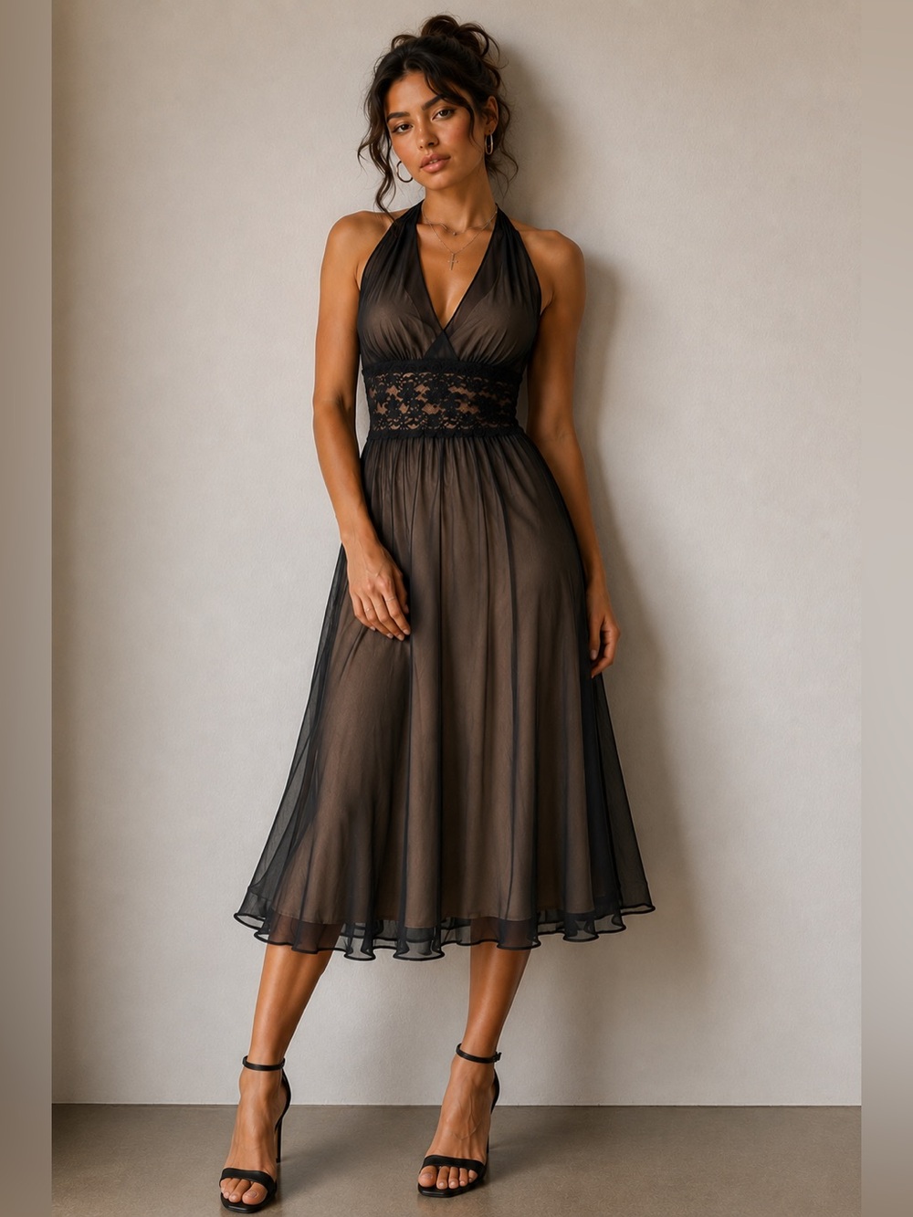 Y2K Black Lace Chiffon Flowy Halter Dress Homecoming Cocktail Whimsigoth Sz 12